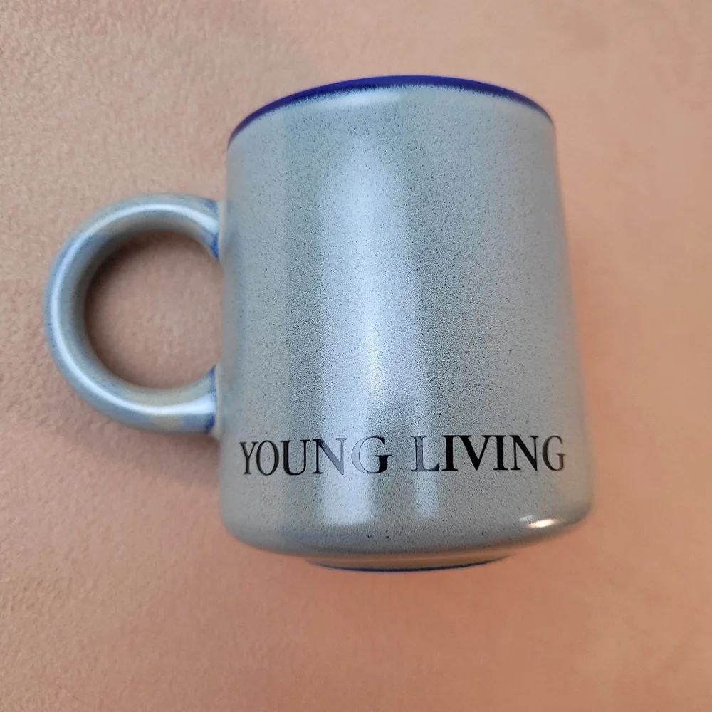 Young Living Mug Stoneware Coffee Cup Gray Blue. Speckled Ceramic. Round Handle.